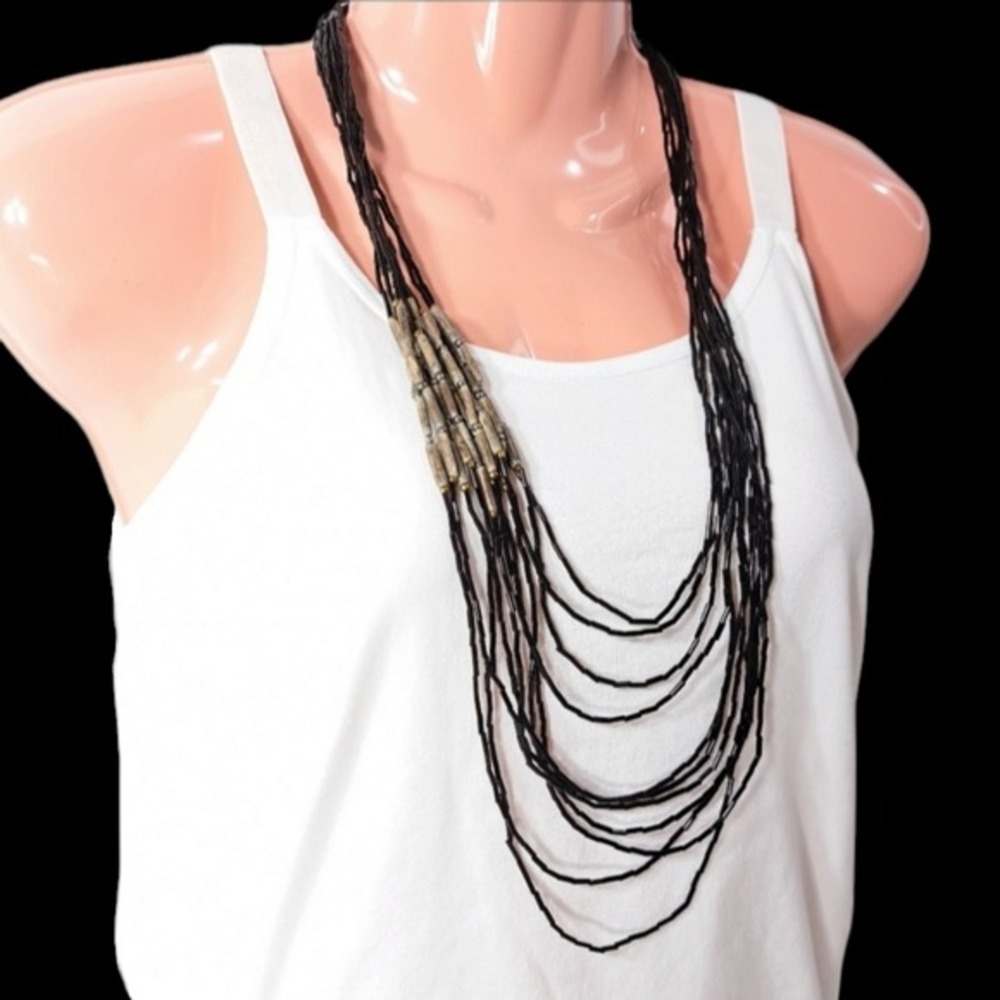 Handmade Women's Long 11 Layered Necklace Black & Brown Bohemian Bugle B…